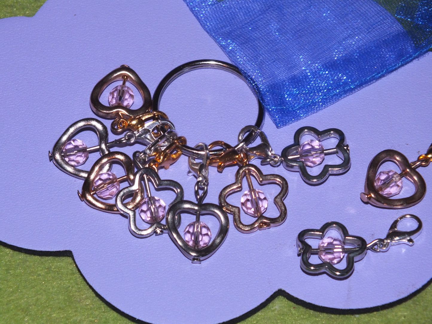 7 Flower + heart bead cage stitch markers, on clasps with keyring
