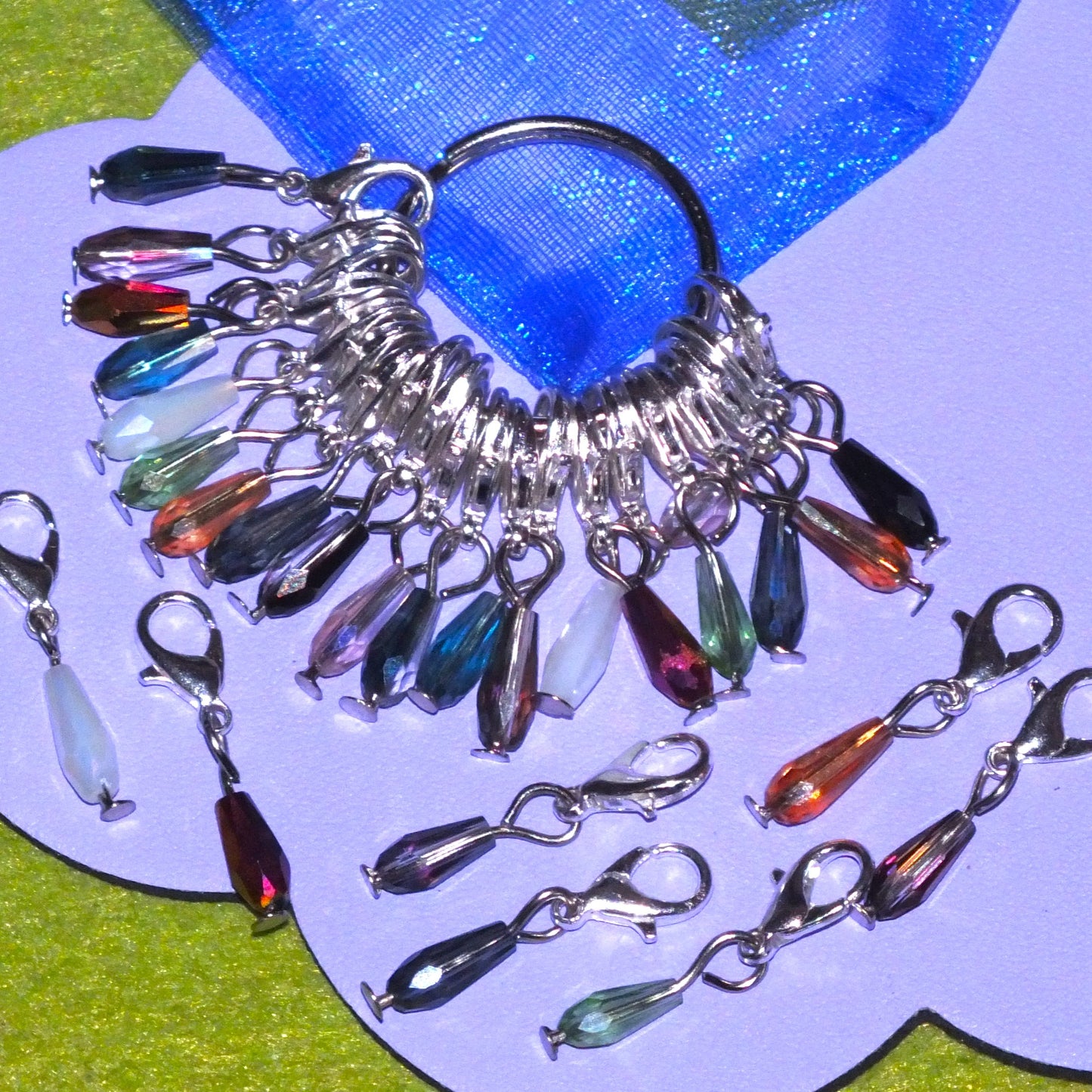 20pcs handmade slim glass teardrop stitch markers, faceted mixed colour dangle charms
