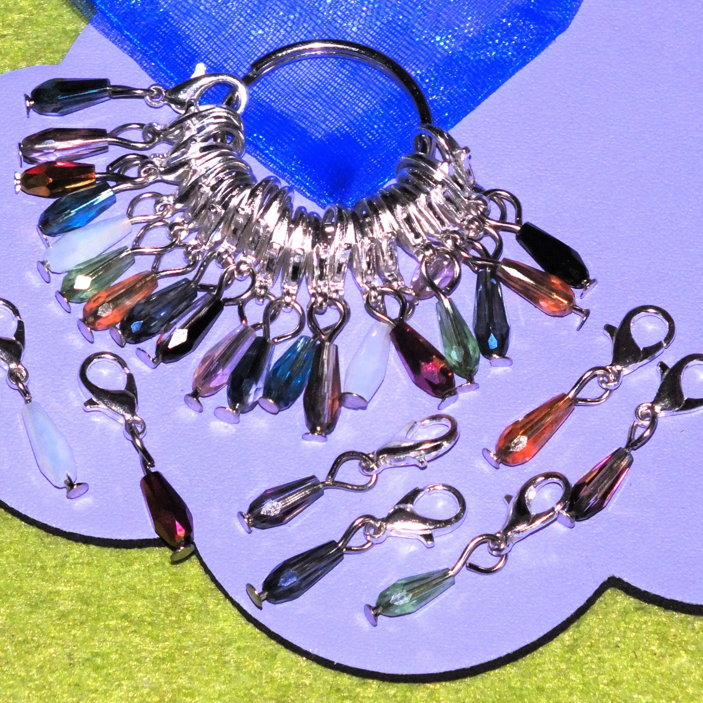 20pcs handmade slim glass teardrop stitch markers, faceted mixed colour dangle charms