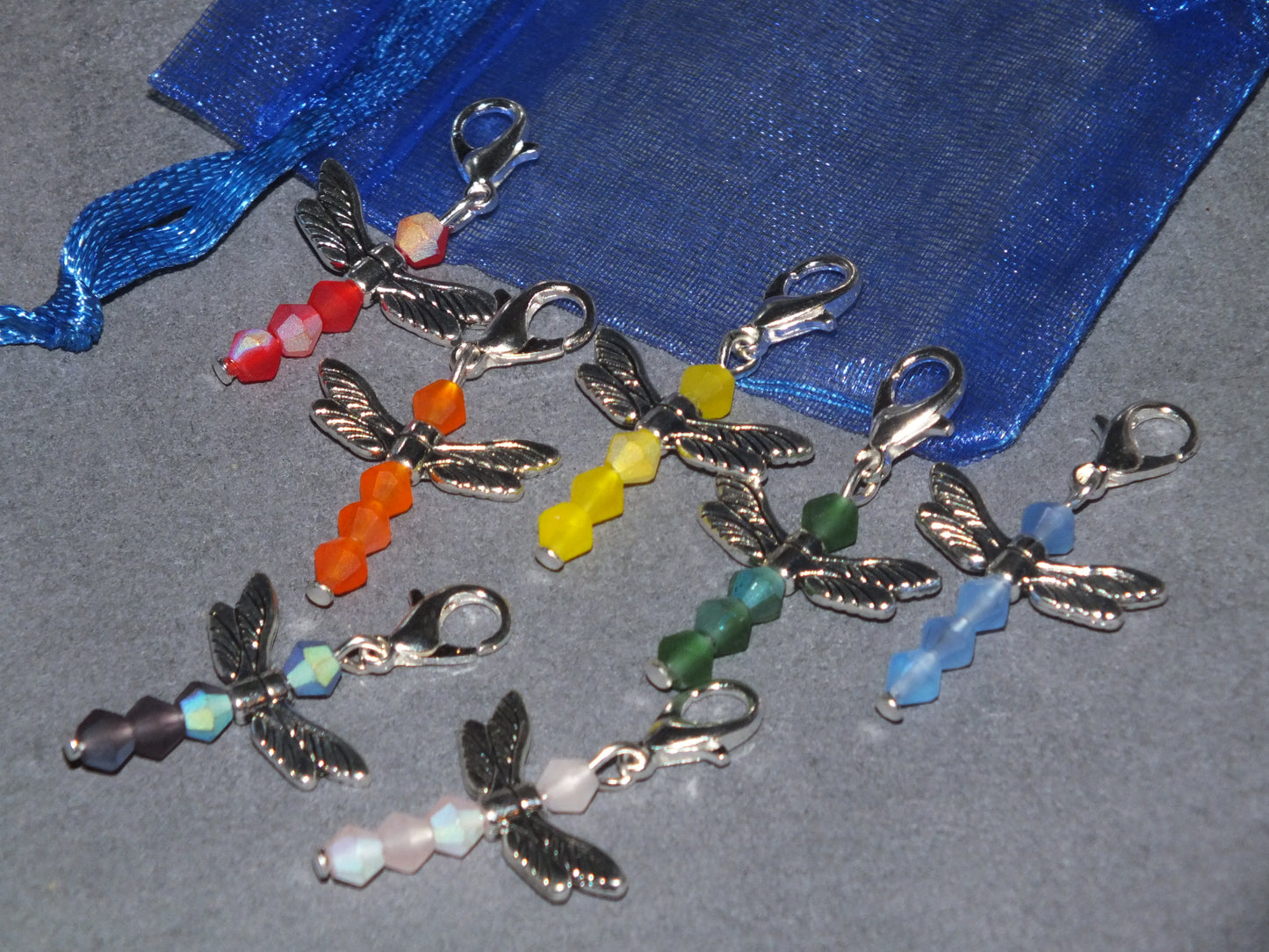 7 Handmade Rainbow Glass Dragonfly Dangle Charms