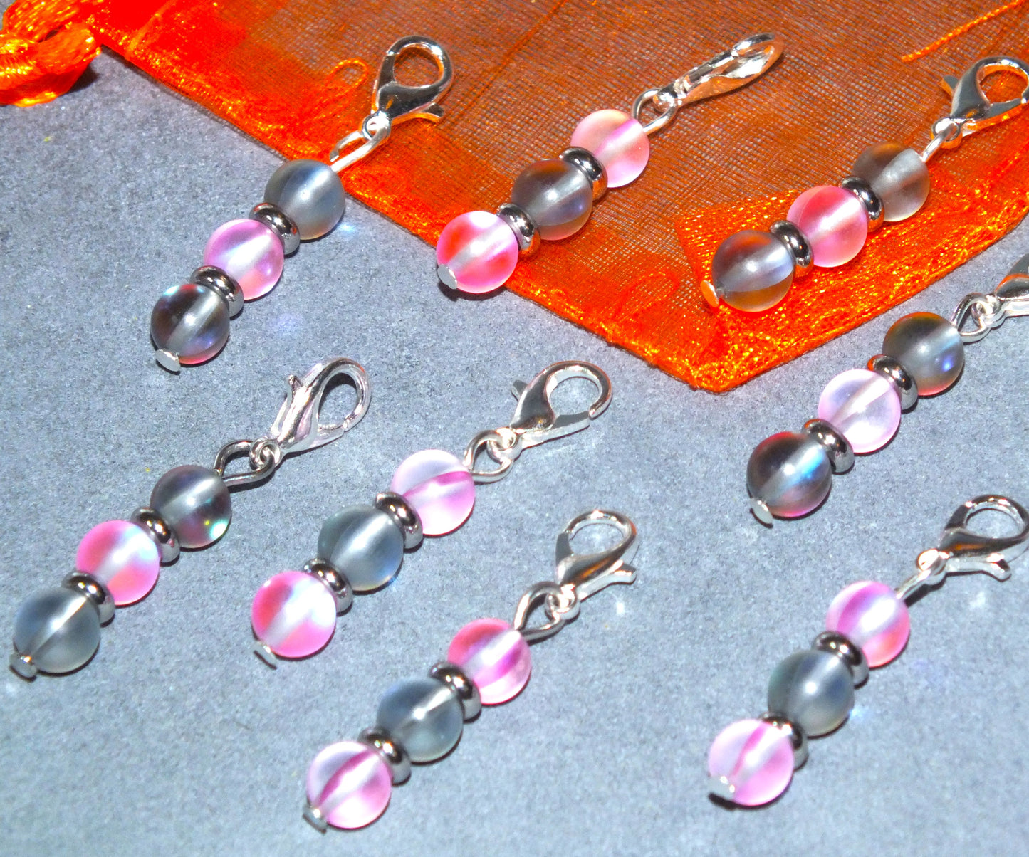 8pcs 'Dusk Rose' handmade moonstone stitch markers / dangle charms