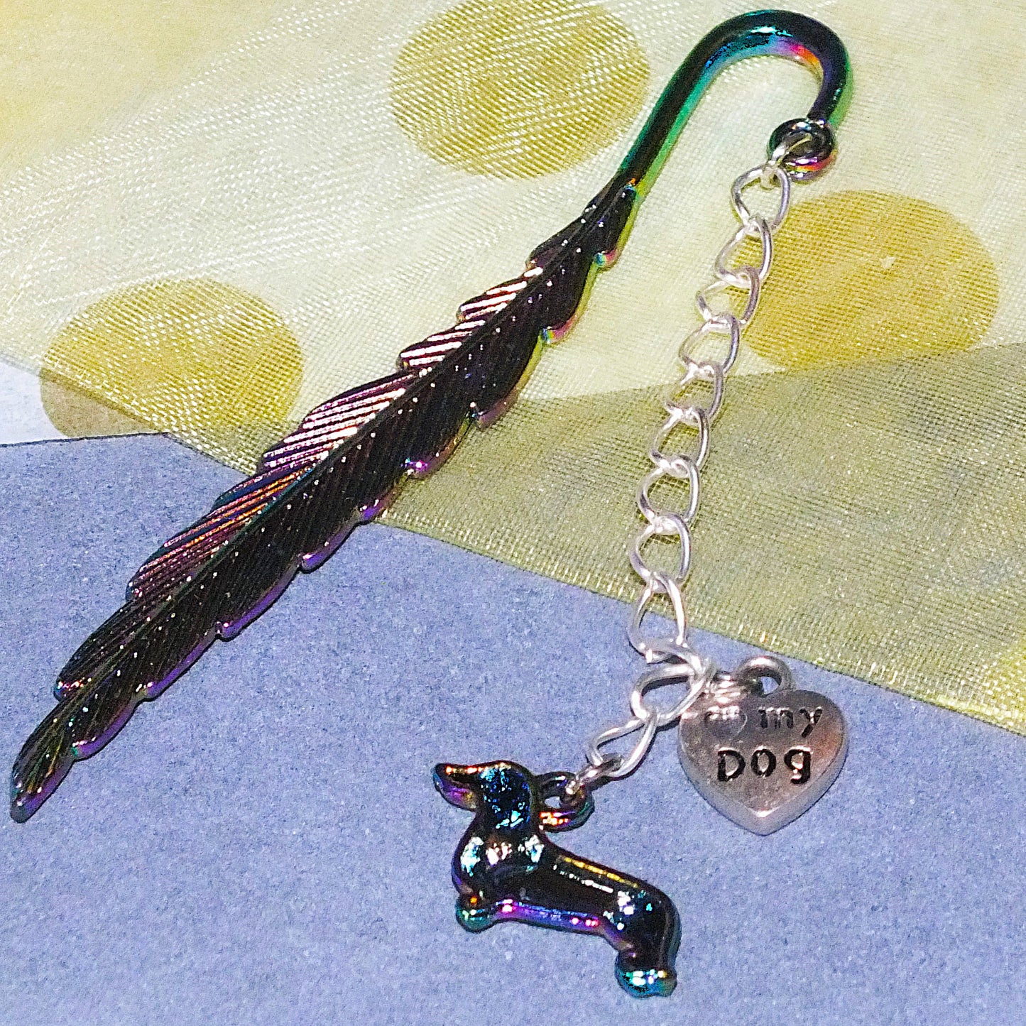 Handmade Dachshund Bookmark - Electroplated Feather Heart Charms