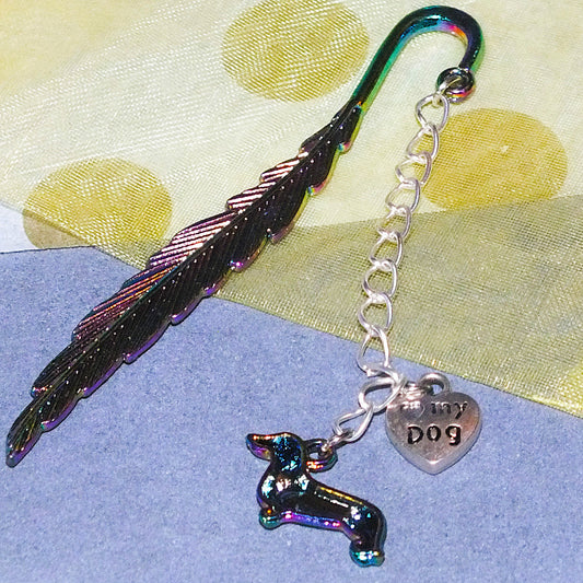 Handmade Dachshund Bookmark - Electroplated Feather Heart Charms