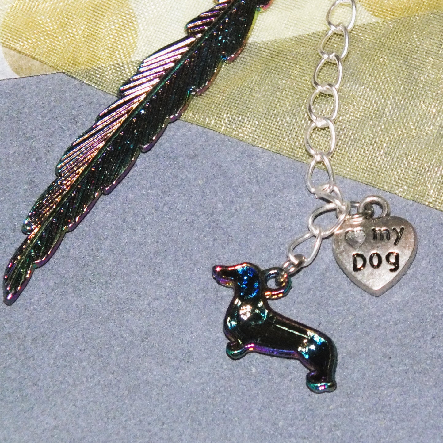 Handmade Dachshund Bookmark - Electroplated Feather Heart Charms