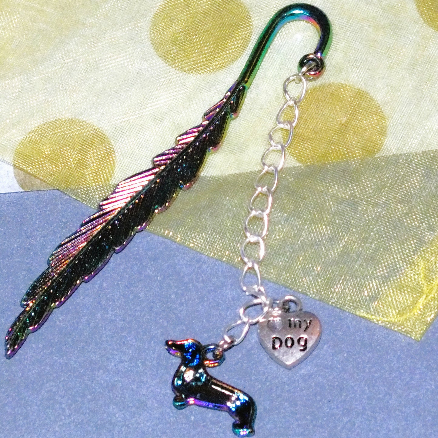 Handmade Dachshund Bookmark - Electroplated Feather Heart Charms