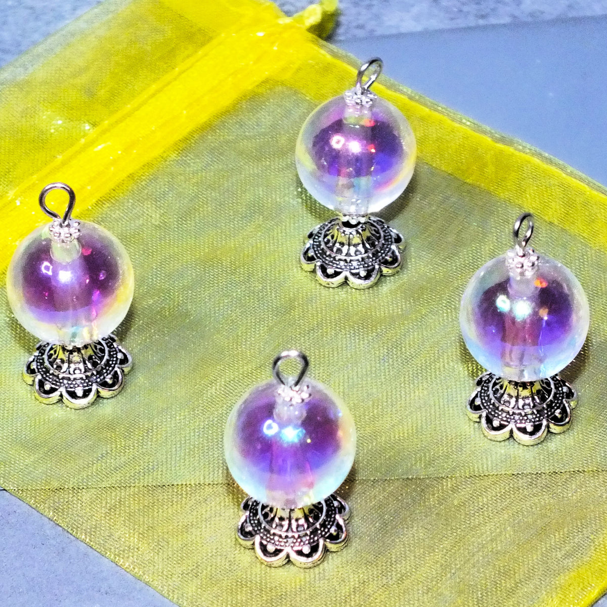 4pcs Large Handmade Crystal Ball Charms, Purple + Clear Acrylic & Metal