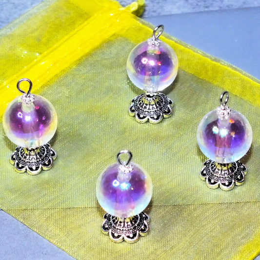 4pcs Large Handmade Crystal Ball Charms, Purple + Clear Acrylic & Metal