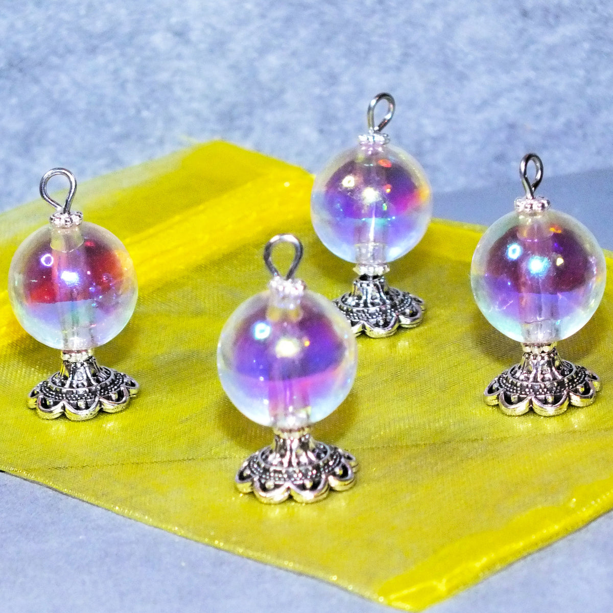 4pcs Large Handmade Crystal Ball Charms, Purple + Clear Acrylic & Metal