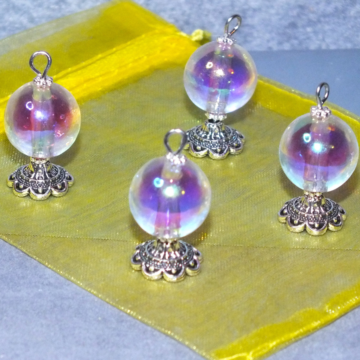 4pcs Large Handmade Crystal Ball Charms, Purple + Clear Acrylic & Metal