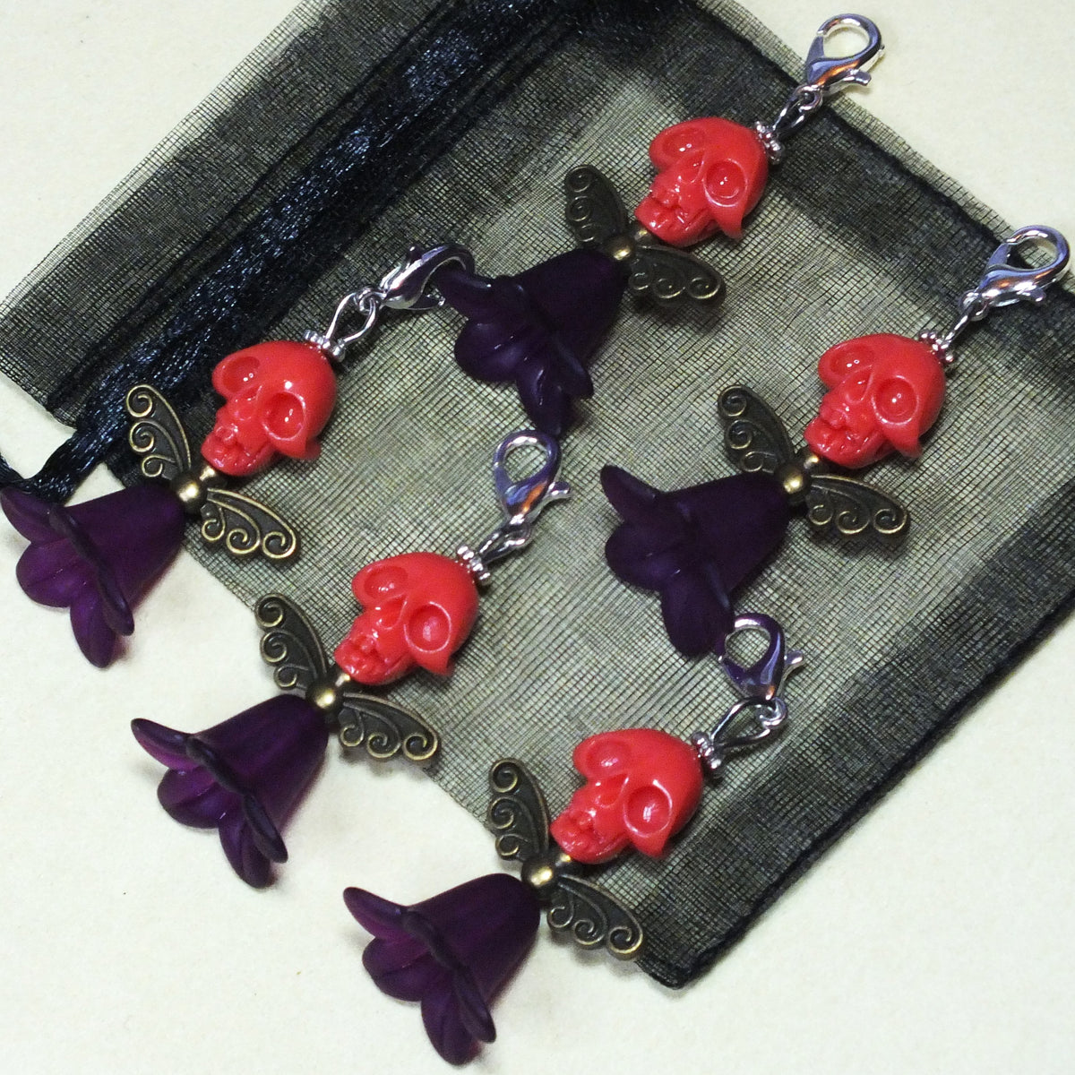 5pcs Red Skull Angel Large Dangle Charms - Handmade Halloween Pendants On Clasps
