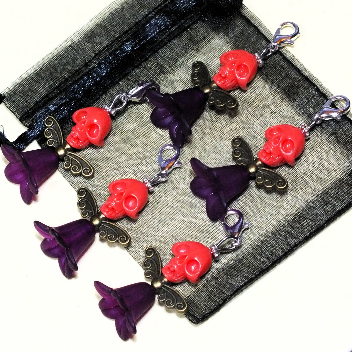 5pcs Red Skull Angel Large Dangle Charms - Handmade Halloween Pendants On Clasps