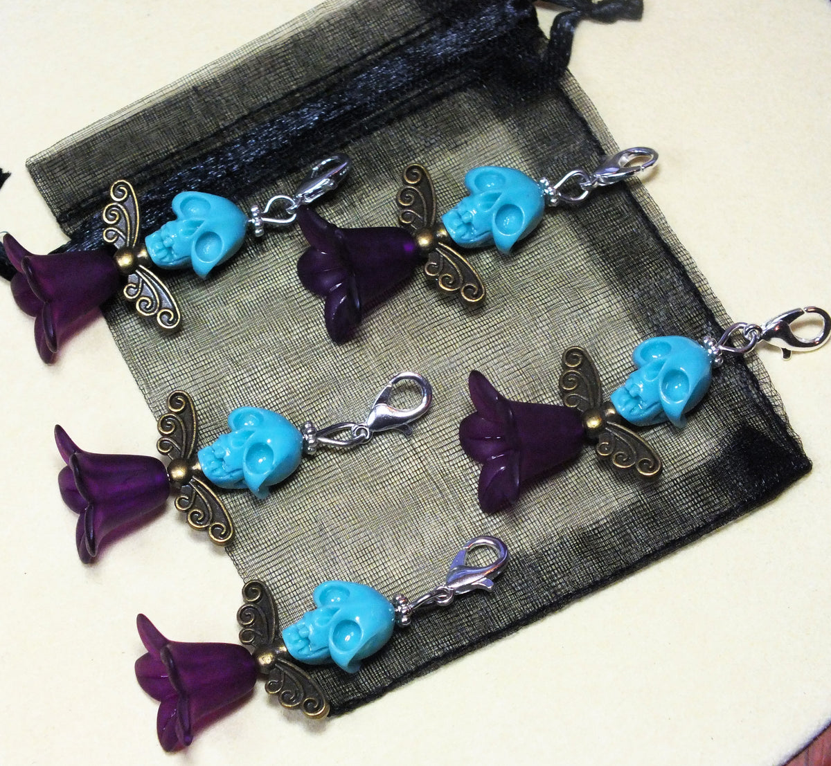 5pcs Blue Skull Angel Large Dangle Charms - Handmade Halloween Pendants On Clasps