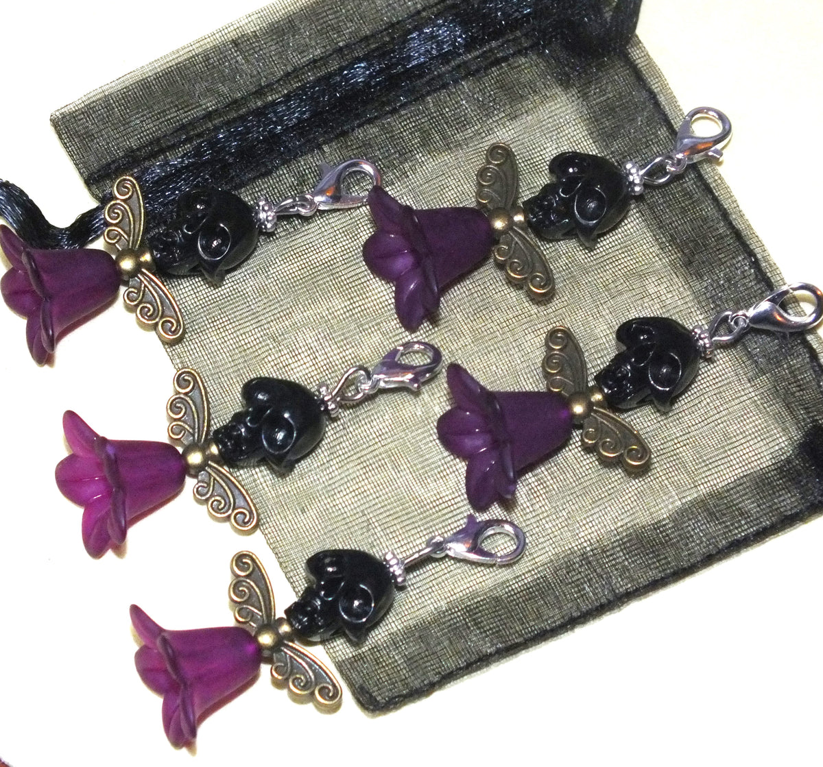 5pcs Black Skull Angel Large Dangle Charms - Handmade Halloween Pendants On Clasps