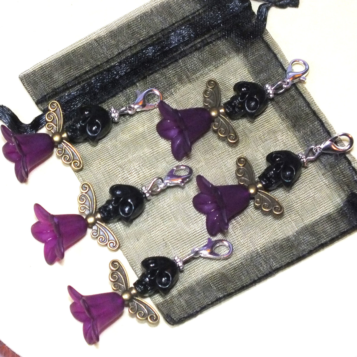 5pcs Black Skull Angel Large Dangle Charms - Handmade Halloween Pendants On Clasps