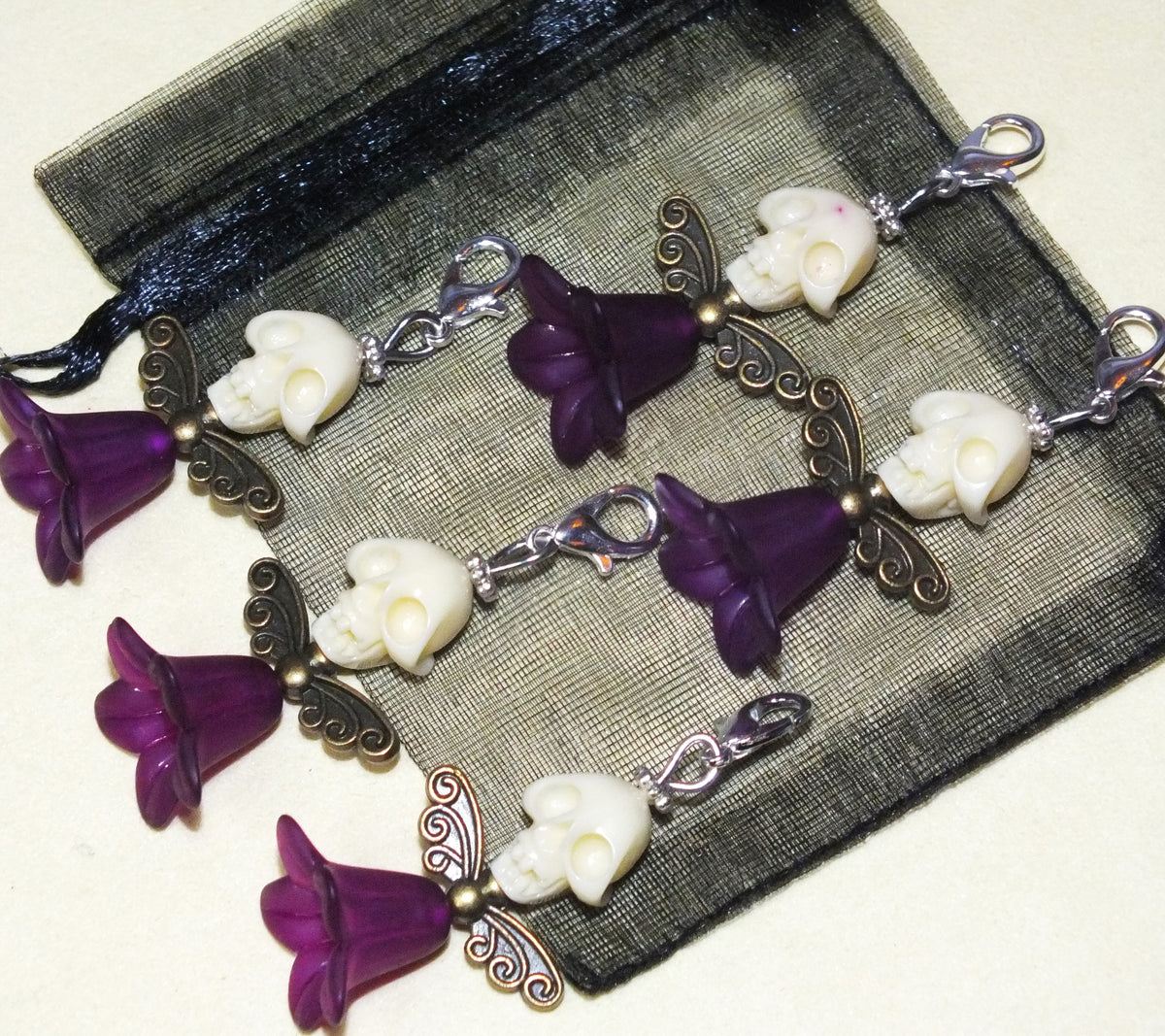 5pcs Ivory White Skull Angel Large Dangle Charms - Handmade Halloween Pendants On Clasps