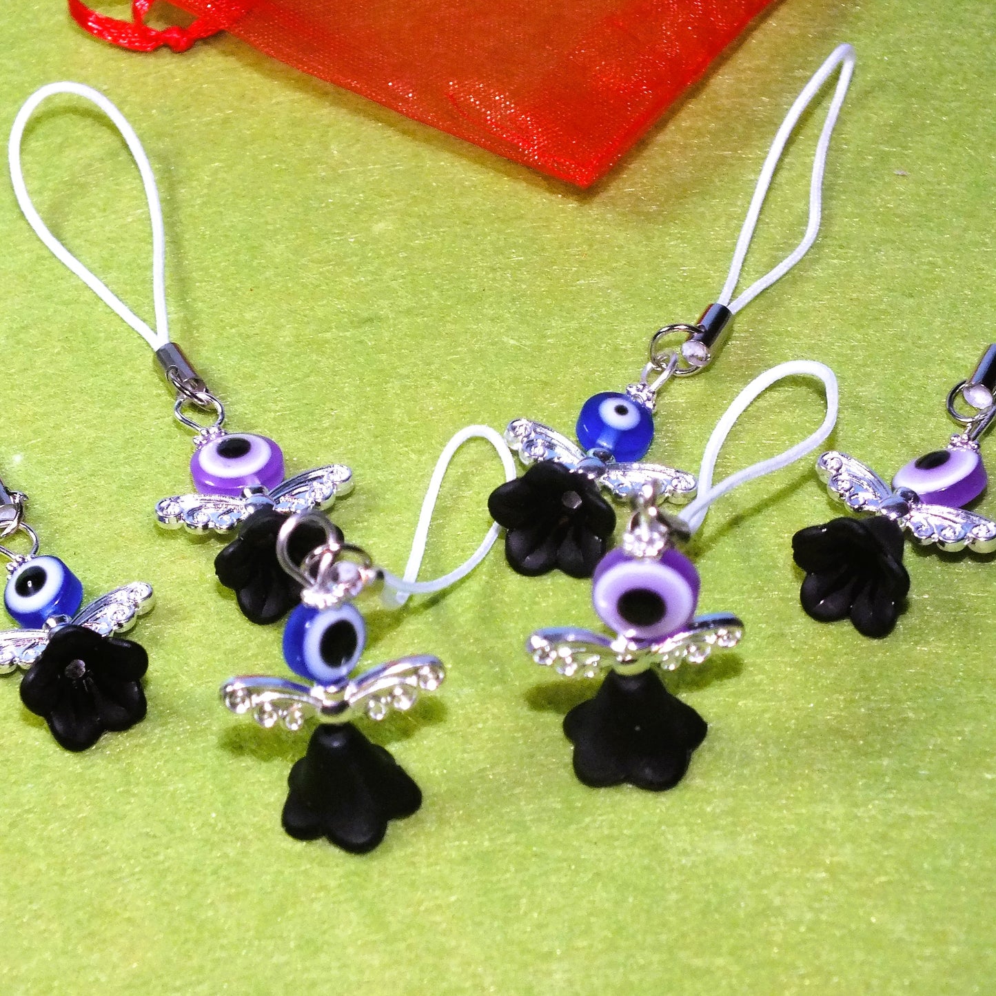 6 mixed Halloween Evil Eye angel charms on lanyards