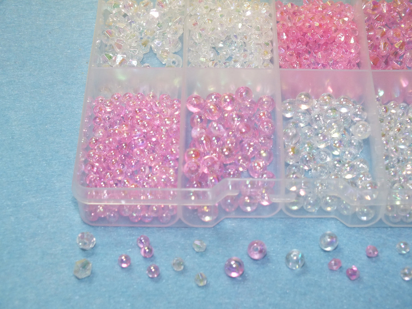 1,000pcs pink / white round & bicone beads, 4mm and 6mm of each.