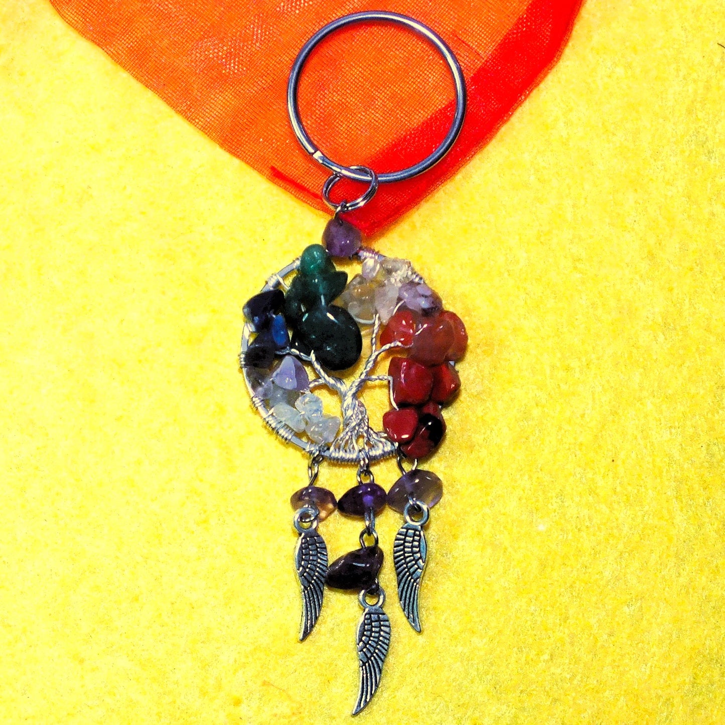 "Tree of Life" wire-twisted keyring with wing charms and mixed gemstones - "Summer"