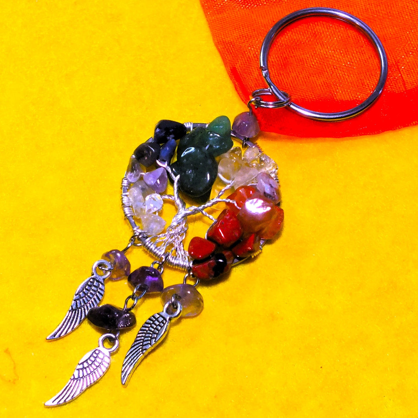 "Tree of Life" wire-twisted keyring with wing charms and mixed gemstones - "Summer"