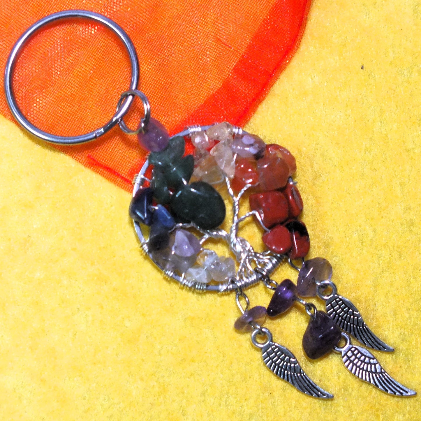 "Tree of Life" wire-twisted keyring with wing charms and mixed gemstones - "Summer"