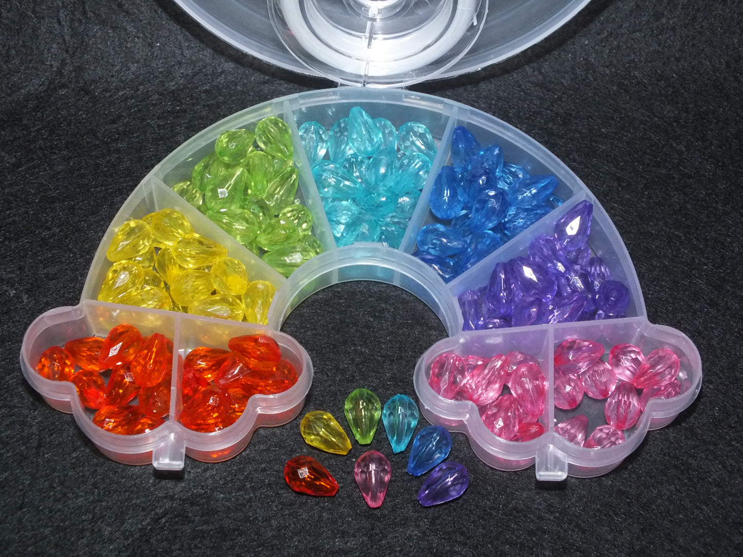 140pcs faceted teardrop bead box & reel of elastic, 12mm x 8mm translucent drops