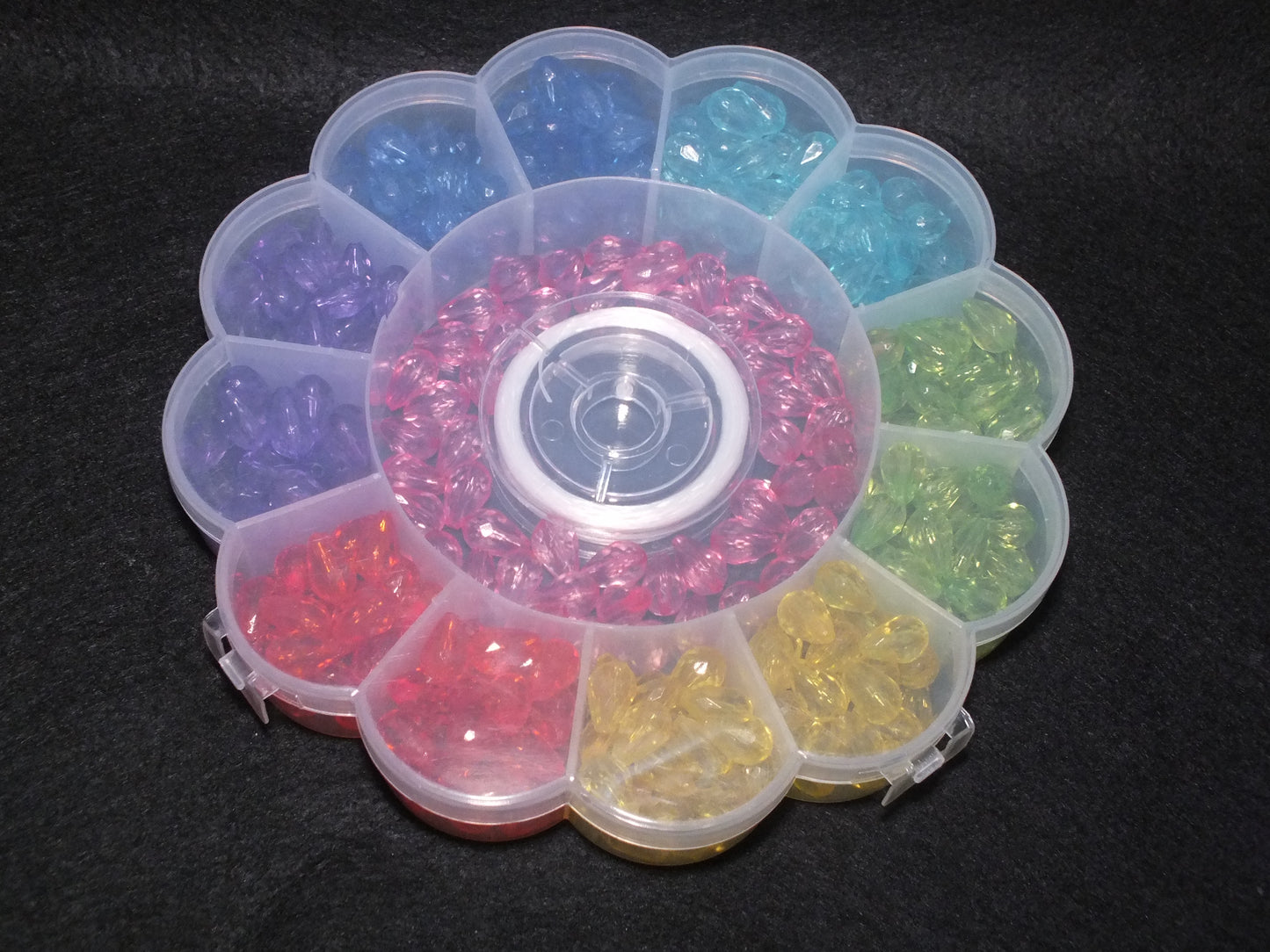 350pcs faceted teardrop bead box & reel of elastic, 12mm x 8mm translucent drops