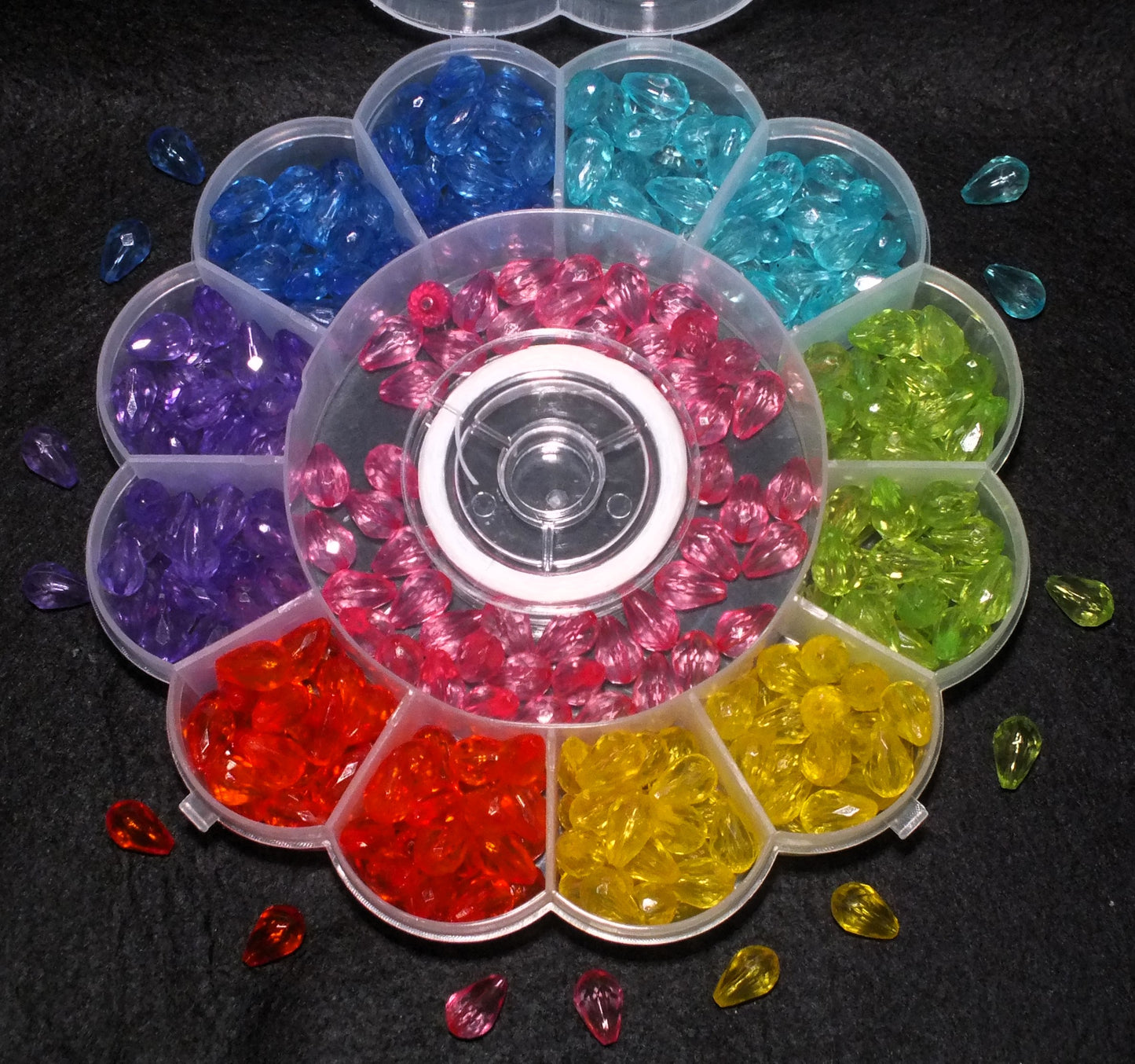 350pcs faceted teardrop bead box & reel of elastic, 12mm x 8mm translucent drops