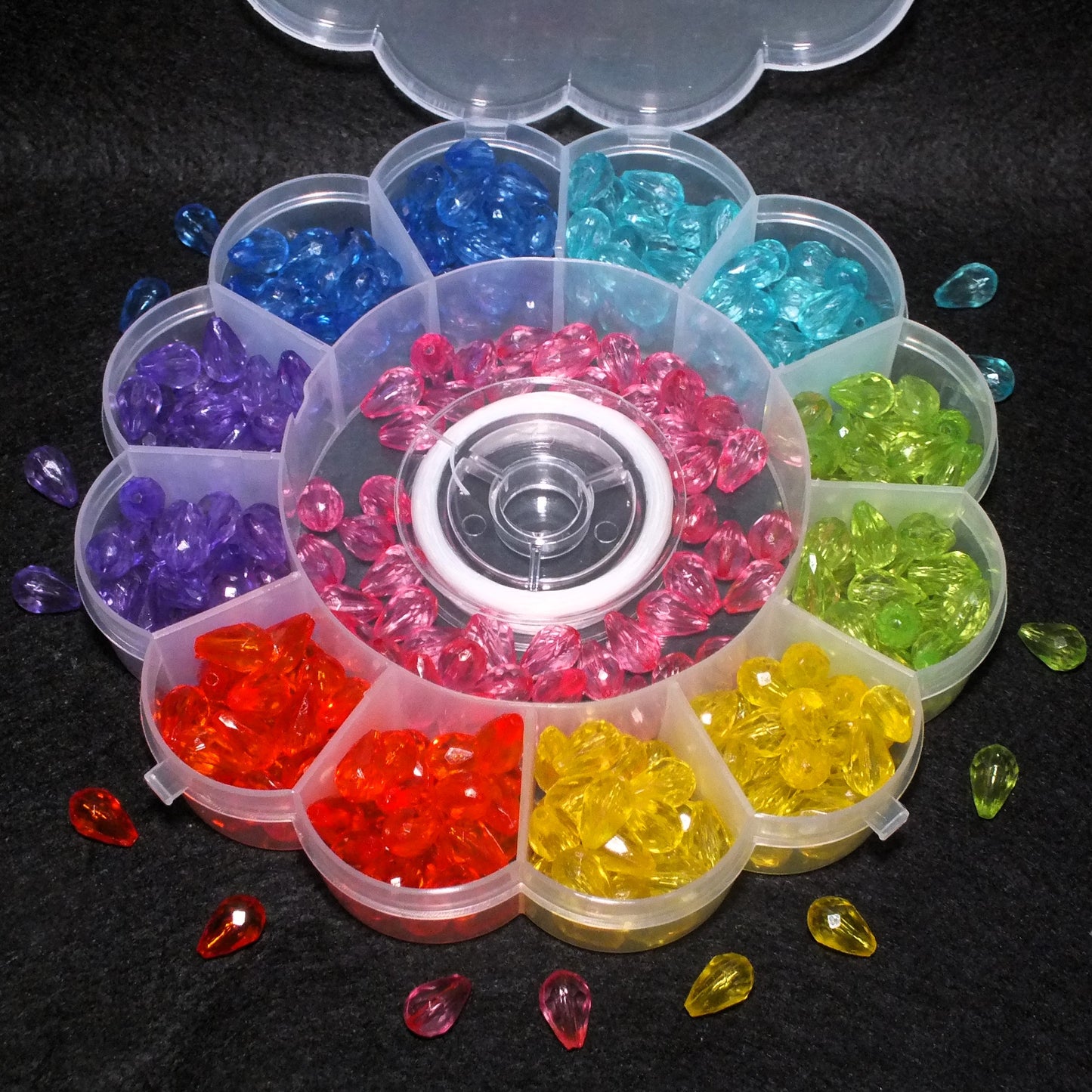 350pcs faceted teardrop bead box & reel of elastic, 12mm x 8mm translucent drops