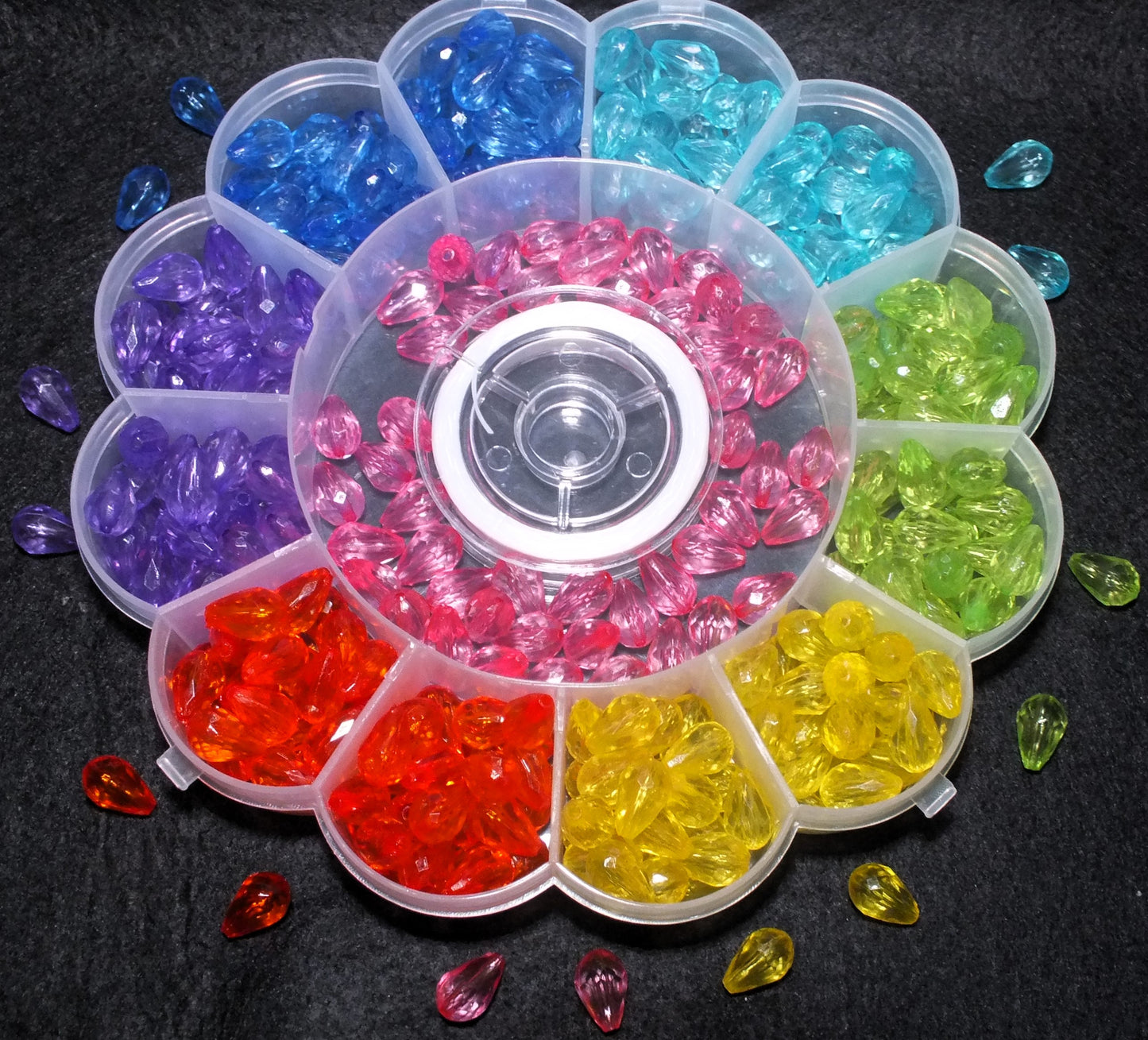 350pcs faceted teardrop bead box & reel of elastic, 12mm x 8mm translucent drops