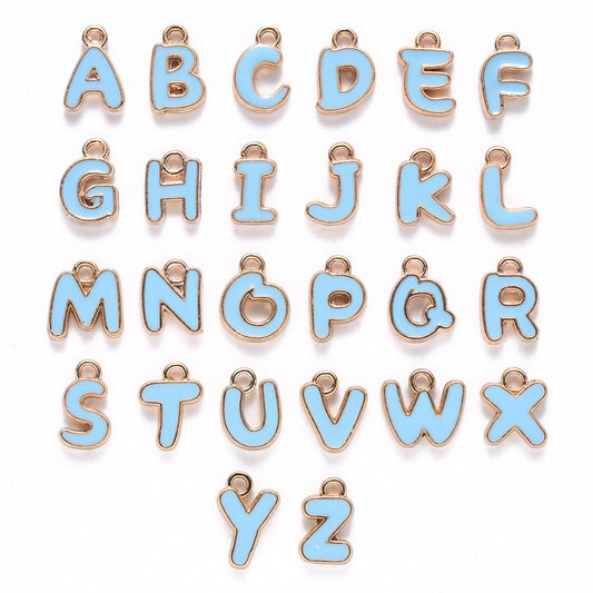 A-Z set of light sky blue enamel alphabet charms, 11mm - 13mm