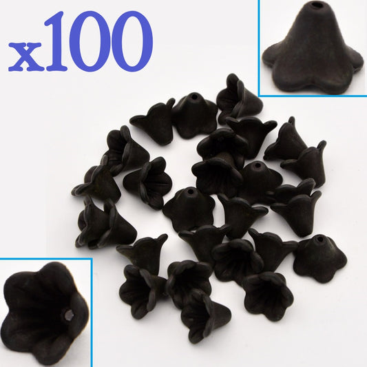 100pcs black 14mm frosted acrylic lucite trumpet flower beads
