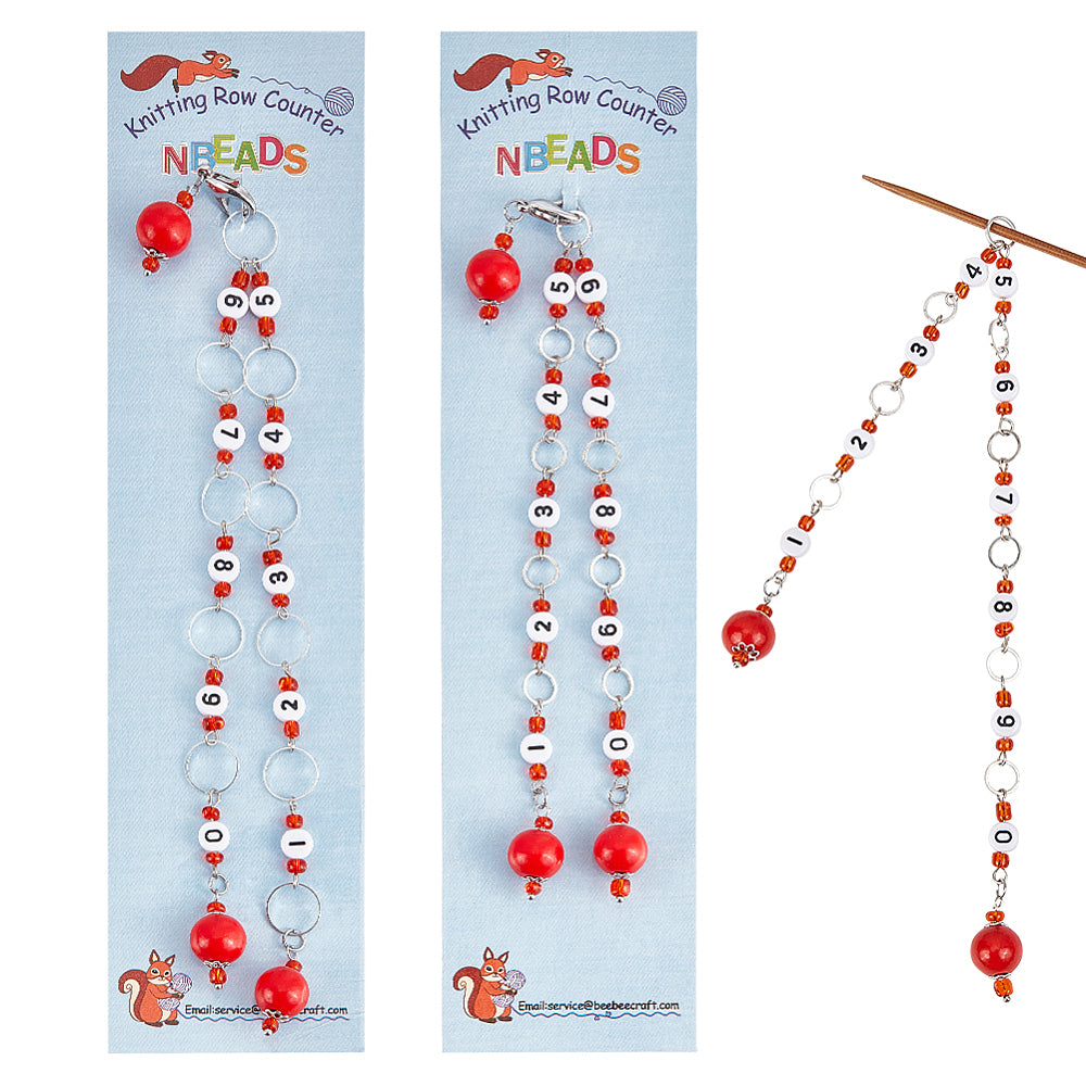 2 x knitting crochet row marker / counter chains with numbers, red - up to 10mm needles