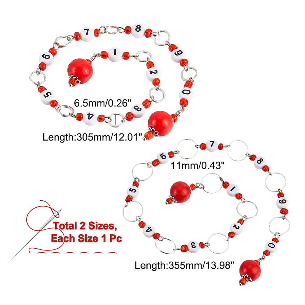 2 x knitting crochet row marker / counter chains with numbers, red - up to 10mm needles