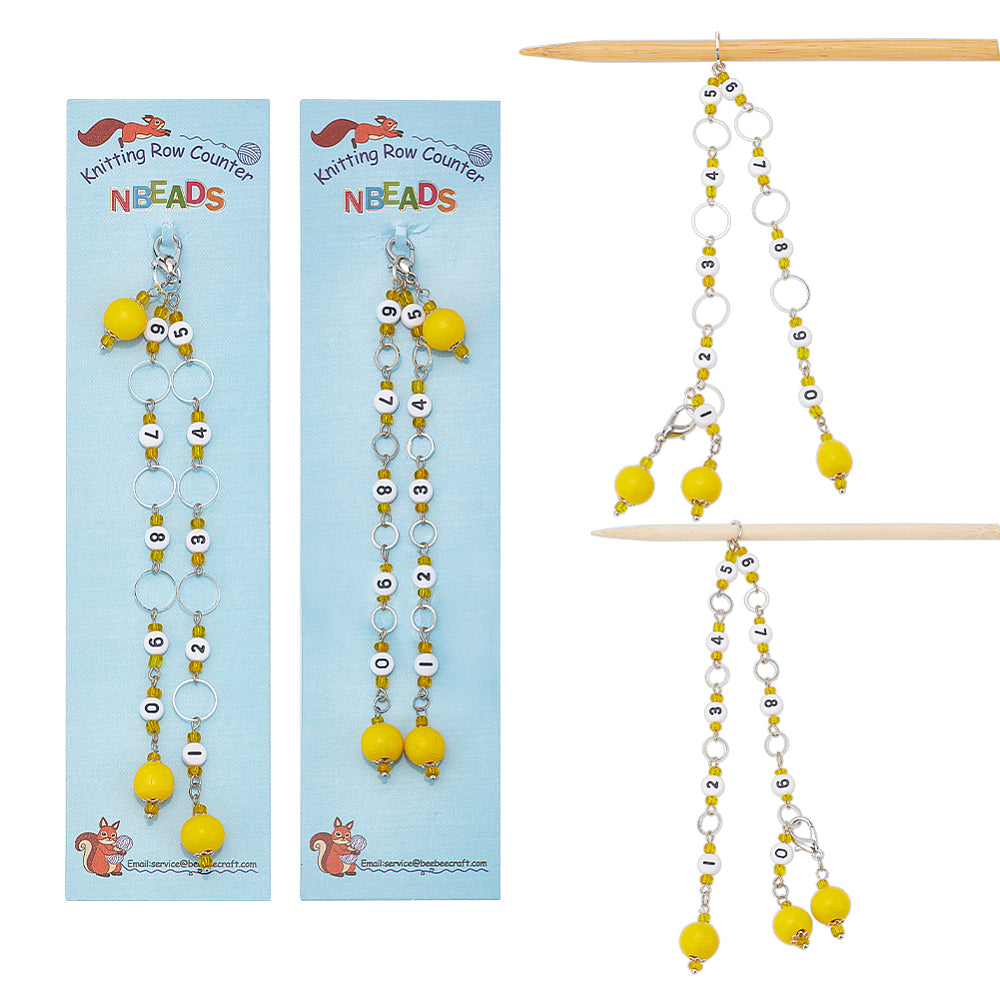 2 x knitting crochet row marker / counter chains with numbers, yellow - up to 10mm needles