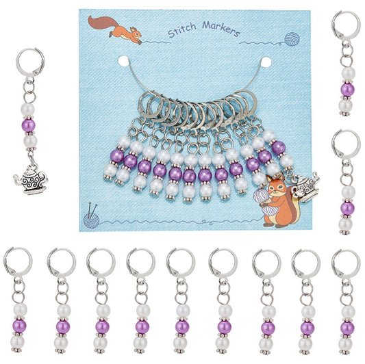 12pcs stitch markers, purple & white dangle charms with teapot charm starter