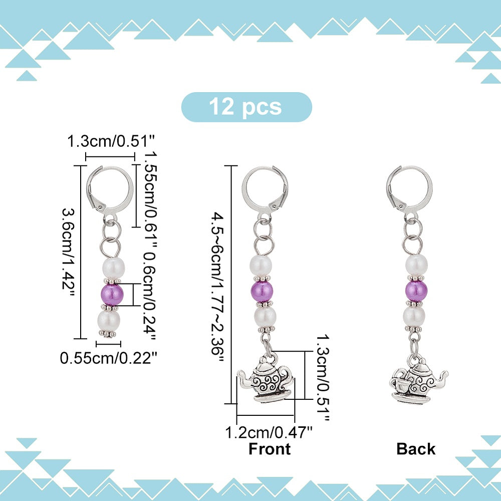 12pcs stitch markers, purple & white dangle charms with teapot charm starter