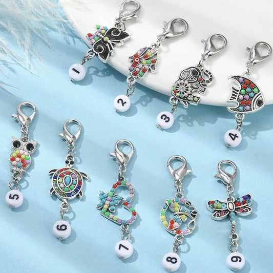 9pc animal themed number 1-9 stitch markers on clasps, pretty colours