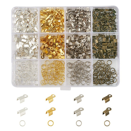 800pcs box of folding cord crimp ends & jump rings, mixed colour findings