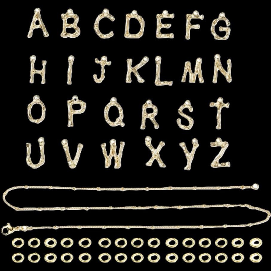 Necklace making set - A-Z Alphabet Charms + Necklace + Jump Rings, Gold Tone