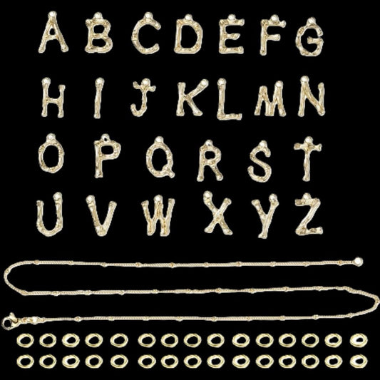 Necklace making set - A-Z Alphabet Charms + Necklace + Jump Rings, Gold Tone