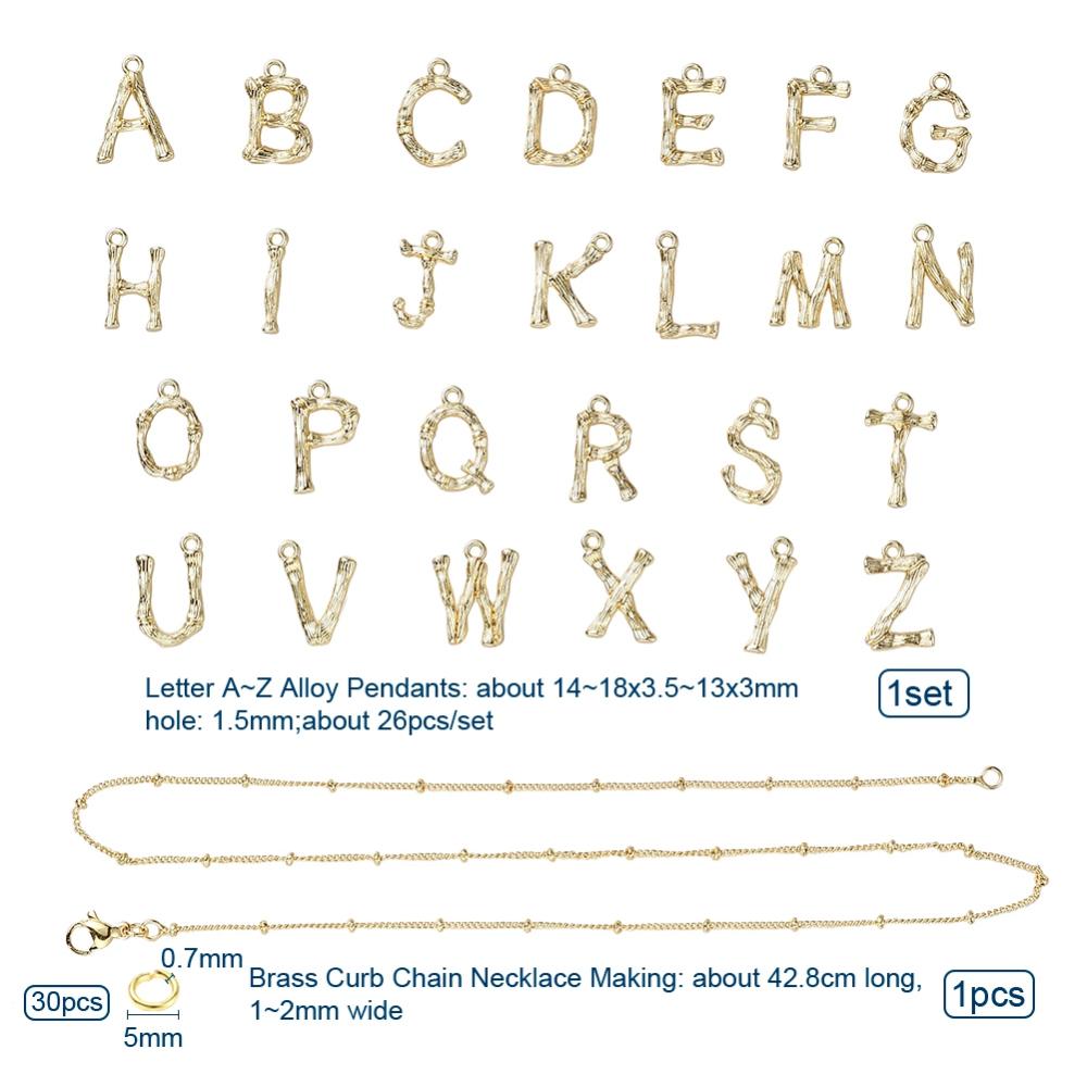 Necklace making set - A-Z Alphabet Charms + Necklace + Jump Rings, Gold Tone