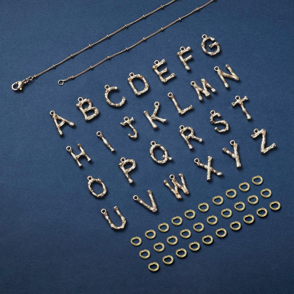 Necklace making set - A-Z Alphabet Charms + Necklace + Jump Rings, Gold Tone
