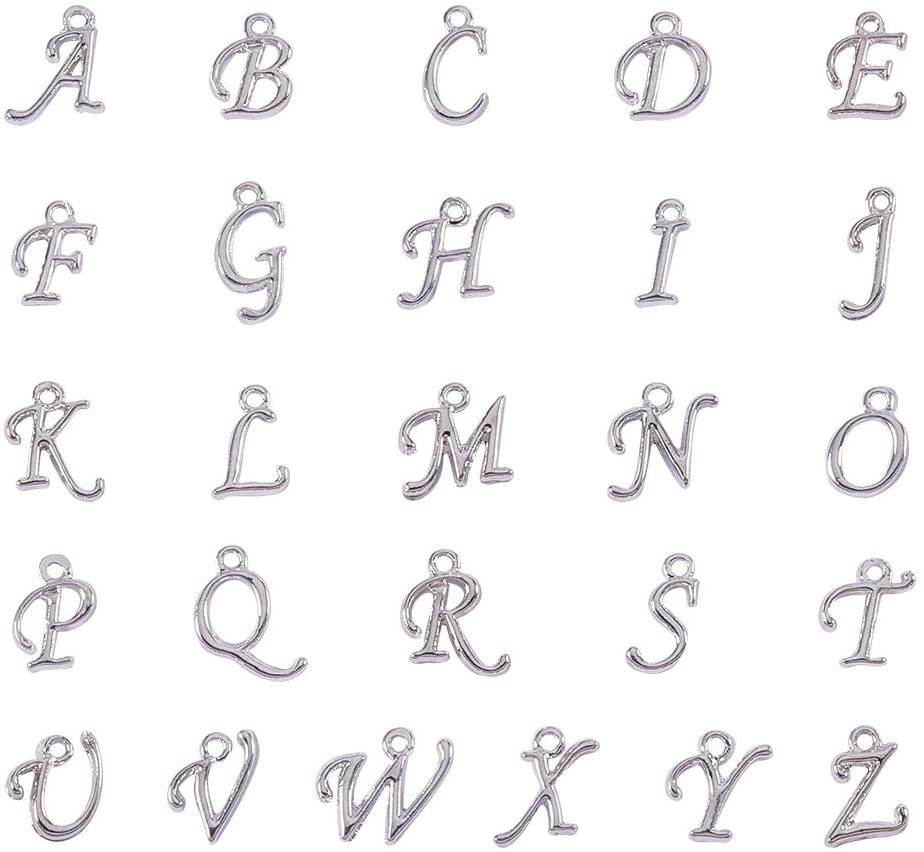 A-Z set of silver tone rack plated alphabet letter charms, 12mm - 17mm