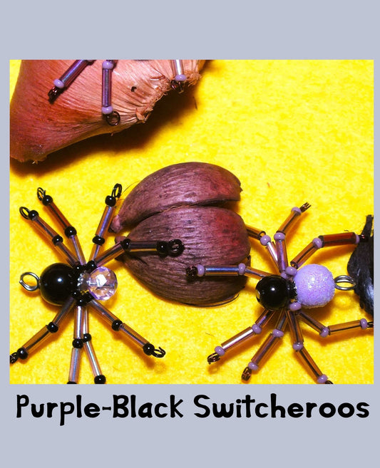 4-pack beaded spider charms - "Purple-black Switcheroos", handmade - plain or on lanyards