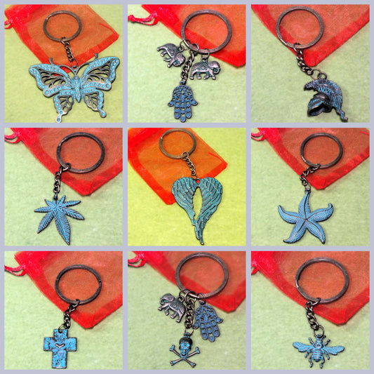 Handmade large antique bronze tone keyring gifts, assorted themes with blueing - ideal stocking fillers