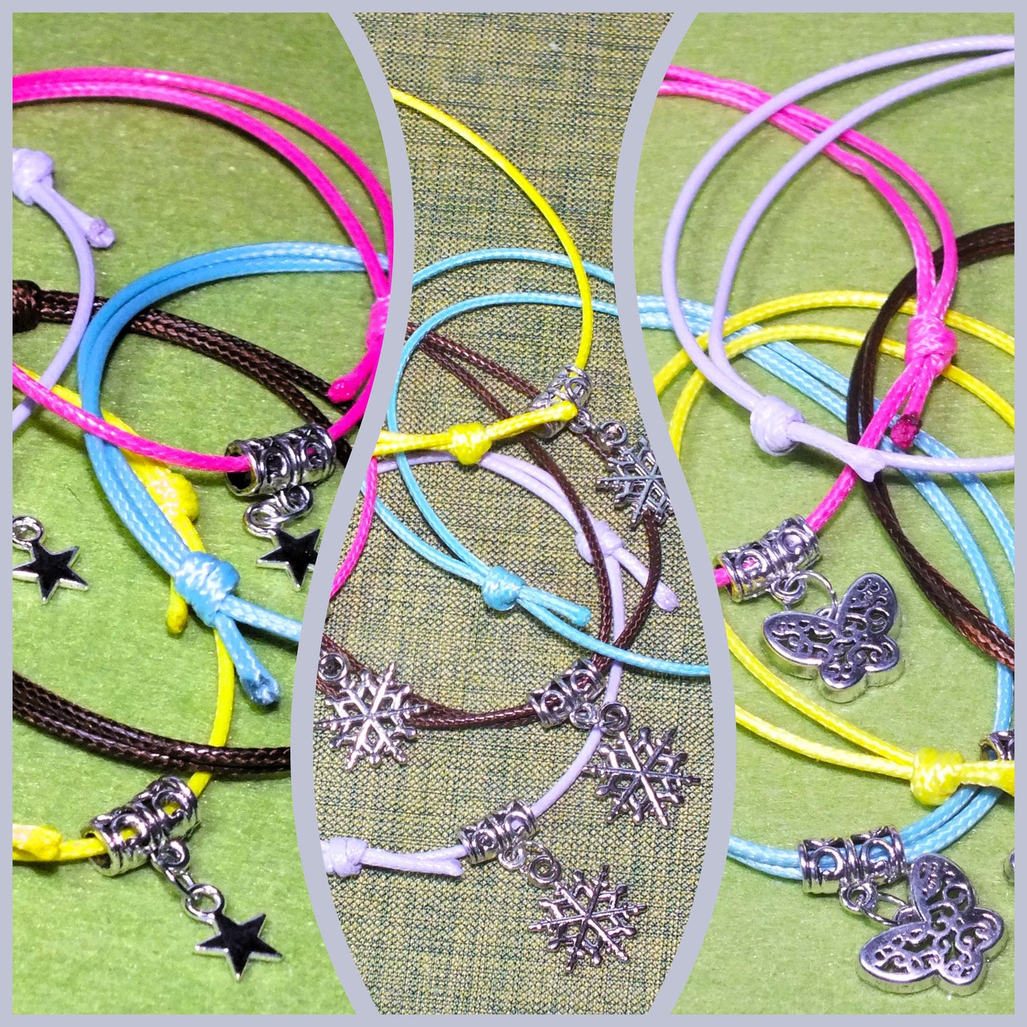 Adjustable multicoloured SNOWFLAKE / STAR / BUTTERFLY friendship charm bracelets, packs of 5 / 10 / 20 / 30