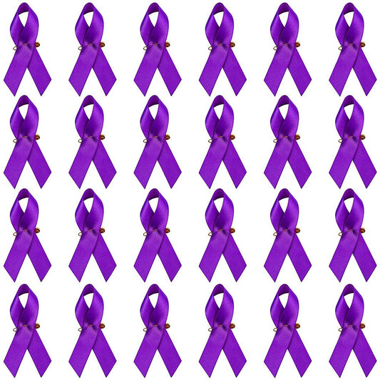 Set of 100 purple awareness ribbon brooch lapel pins, 7.5cm x 4cm polyester