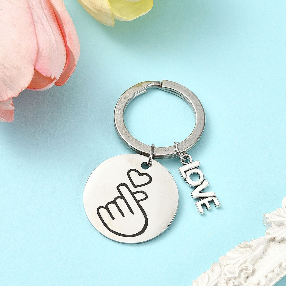 Love & Heart Keyring Pendant Gift - Stainless steel silver tone metal