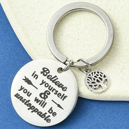 Believe In Yourself + Tree Keyring Pendant Gift - Stainless steel silver tone metal