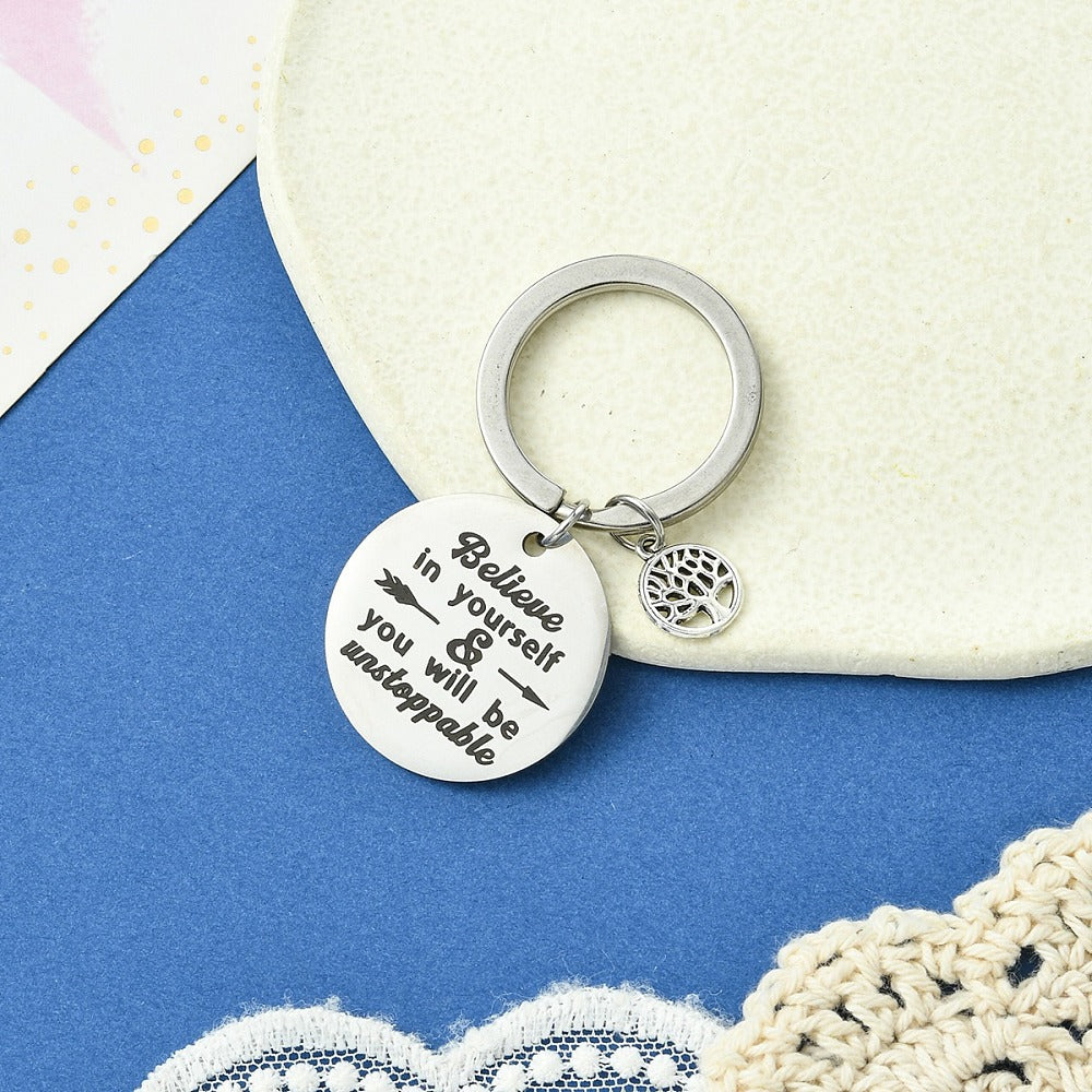 Believe In Yourself + Tree Keyring Pendant Gift - Stainless steel silver tone metal